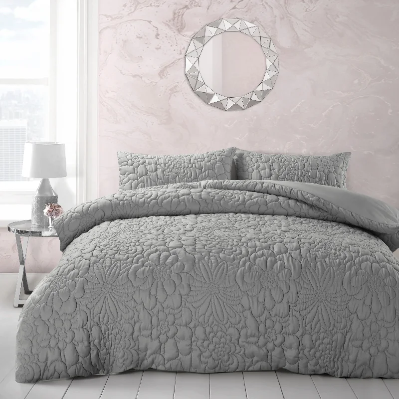 Extra Discount Velosso Alini Floral Embossed Grey Duvet Cover & Pillowcase Set