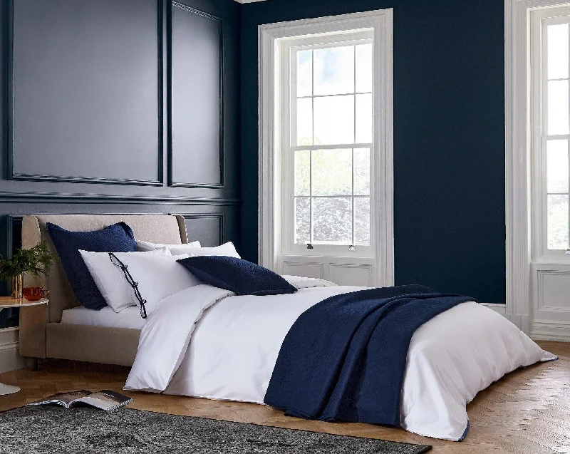 Weekend Deal Fest Bedeck of Belfast "Komoro" Duvet Cover & Pillow Case in White with Midnight Blue Trim Weekend Deal Fest Bedeck of Belfast "Komoro" Duvet Cover & Pillow Case in White with Midnight Blue Trim