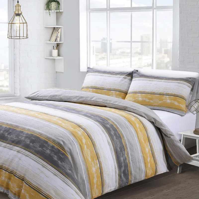 Hot Deals Velosso Brooklyn Striped Grey and Ochre Duvet Cover & Pillowcase Set