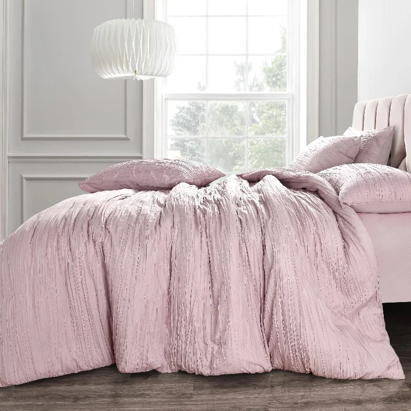 Exclusive Offer Velosso Calais Crinkle Pleated Pink Duvet Cover & Pillowcase Set