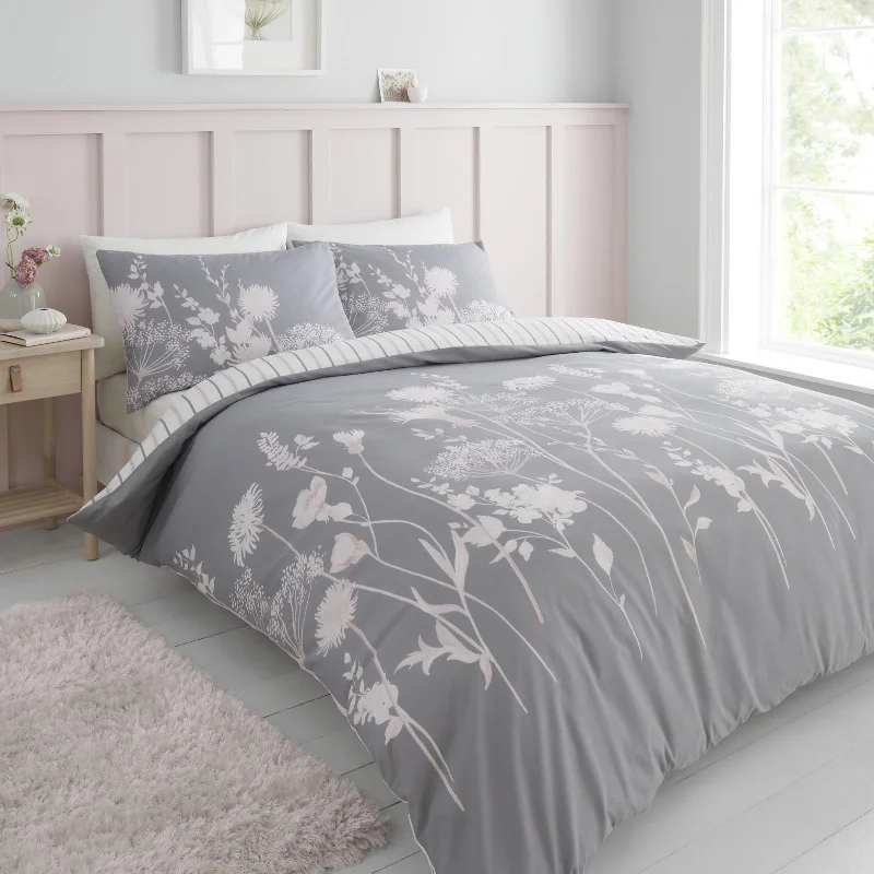 Unmissable Deals Meadowsweet Floral Duvet Cover Set Grey & Pink