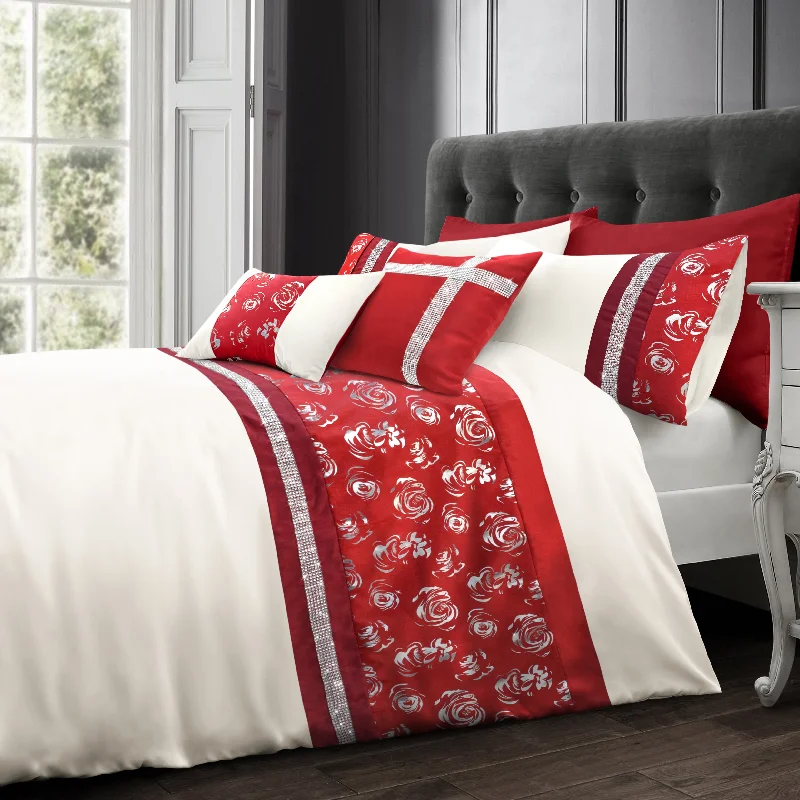 Price Slash Velosso Geneva Faux Silk Diamanté Red Duvet Cover & Pillowcase Set