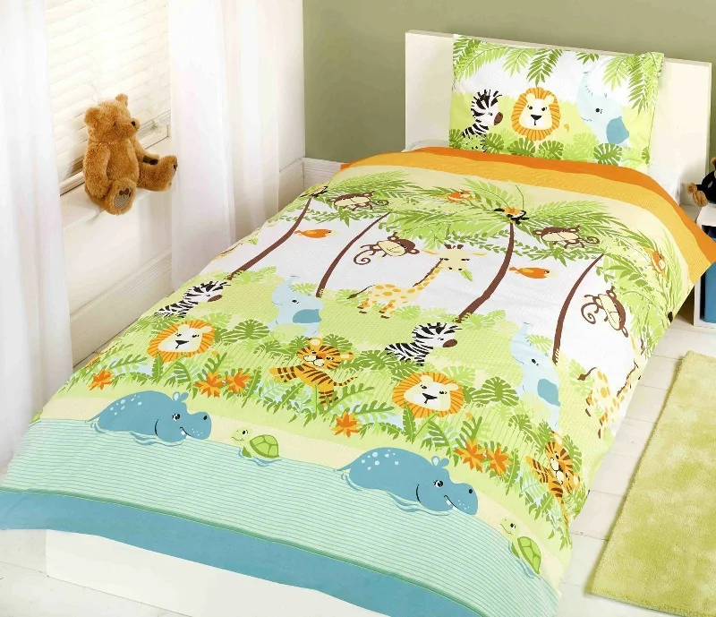 Weekend Shopping Extravaganza Jungle Parade Kids Bedding Twin Duvet / Comforter Cover Set Reversible Green Blue Lion Zebra Elephant Monkey Giraffe Tiger Hippo