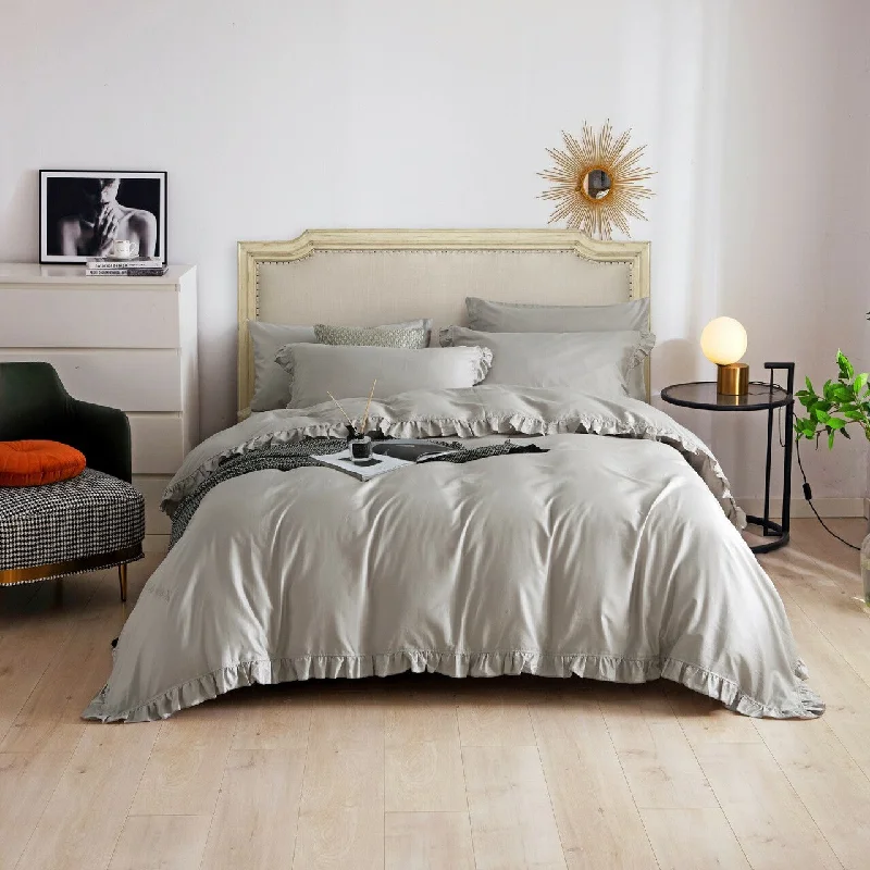Weekend Flash Deals Luxury Cotton Grey Romantic Elegant Ruffle Edge Bedding Twin Queen King Duvet Cover Set Designer Ensemble