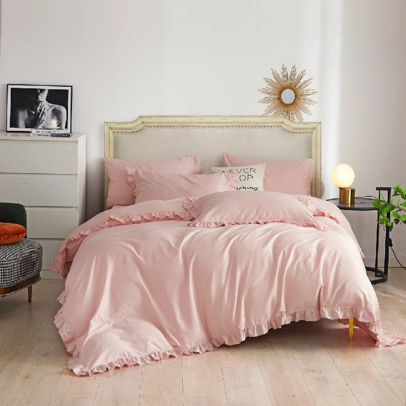 Weekend Bargain Bonanza Luxury Cotton Pink Romantic Elegant Ruffle Edge Bedding Twin Queen King Duvet Cover Set Designer Ensemble