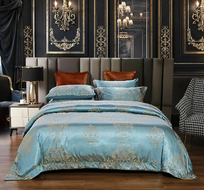Weekend Shopping Spree Luxury Silver Medallion Scroll & Turquoise Jacquard Bedding Queen or King Duvet Cover Set Designer Ensemble Weekend Shopping Spree Luxury Silver Medallion Scroll & Turquoise Jacquard Bedding Queen or King Duvet Cover Set Designer Ensemble