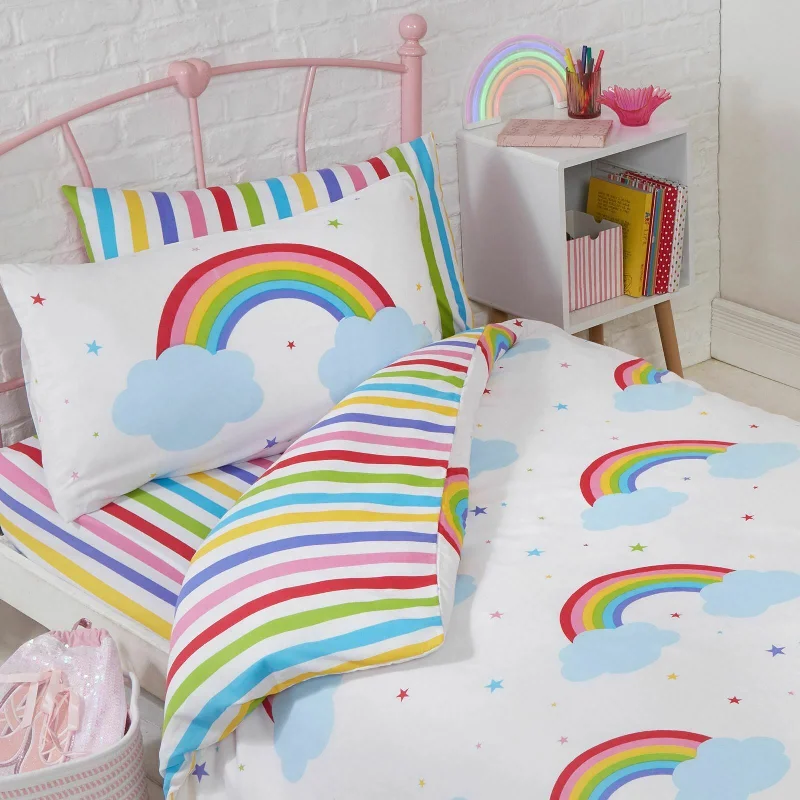 Seasonal Discounts Rainbow Striped Kids Bedding Duvet / Comforter Cover Set with Clouds Toddler Twin Full or Curtains