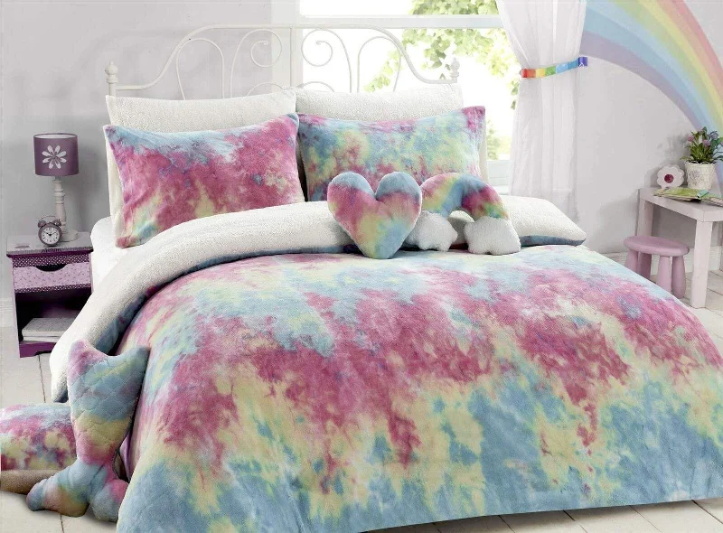 Weekend Offers and Savings Tie Dye Rainbow Ultra-Soft Teddy Fleece Duvet Set for Kids Reversible Bedding with Cushion and Throw Single and Double Beds by OLIVIA ROCCO Weekend Offers and Savings Tie Dye Rainbow Ultra-Soft Teddy Fleece Duvet Set for Kids Reversible Bedding with Cushion and Throw Single and Double Beds by OLIVIA ROCCO