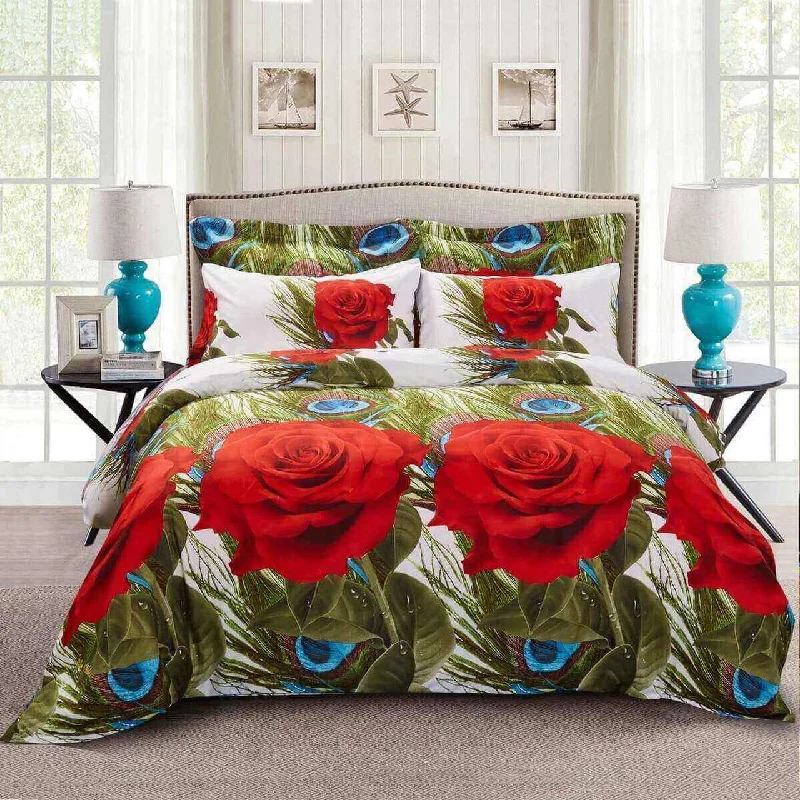 Limited-Time Flash Deal Red Rose & Peacock Feathers Duvet Cover Bedding Set Queen or King Designer Ensemble Limited-Time Flash Deal Red Rose & Peacock Feathers Duvet Cover Bedding Set Queen or King Designer Ensemble