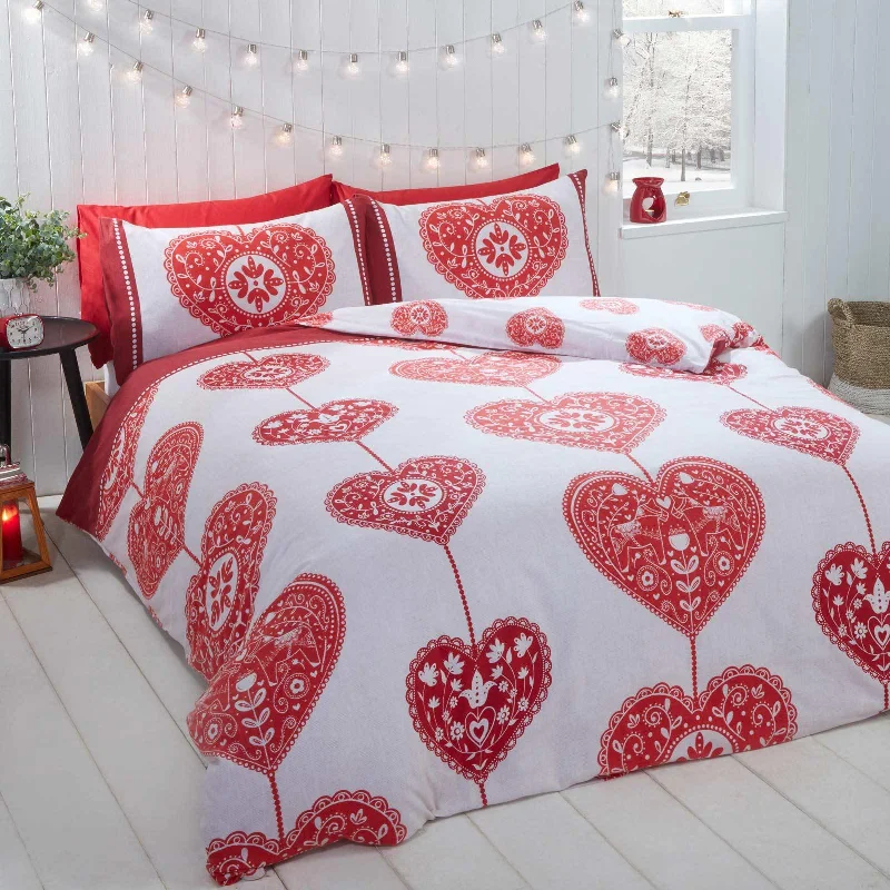 Last Chance Sale Scandi Heart Flannelette Duvet Cover Set Red