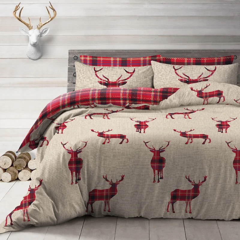 Weekend Deals Velosso Stag Check Reversible Natural Duvet Cover & Pillowcase Set