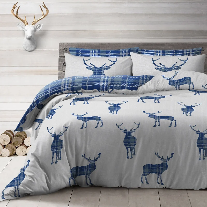 Buy More, Save More Velosso Stag Check Reversible Navy Duvet Cover & Pillowcase Set