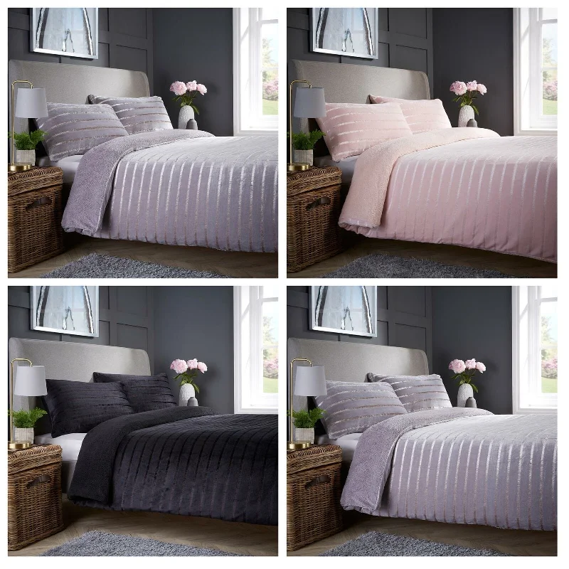 Weekend Deals You’ve Been Waiting For Satin Stripe Reversible Faux Fur Teddy Duvet Cover Set Super Soft Plush Bedding for Winter Available in Single Double and King Sizes by OLIVIA ROCCO