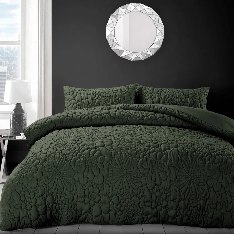 Weekend Only Sale Velosso Alini Olive Green Quilted Floral Duvet Cover & Pillowcase Set