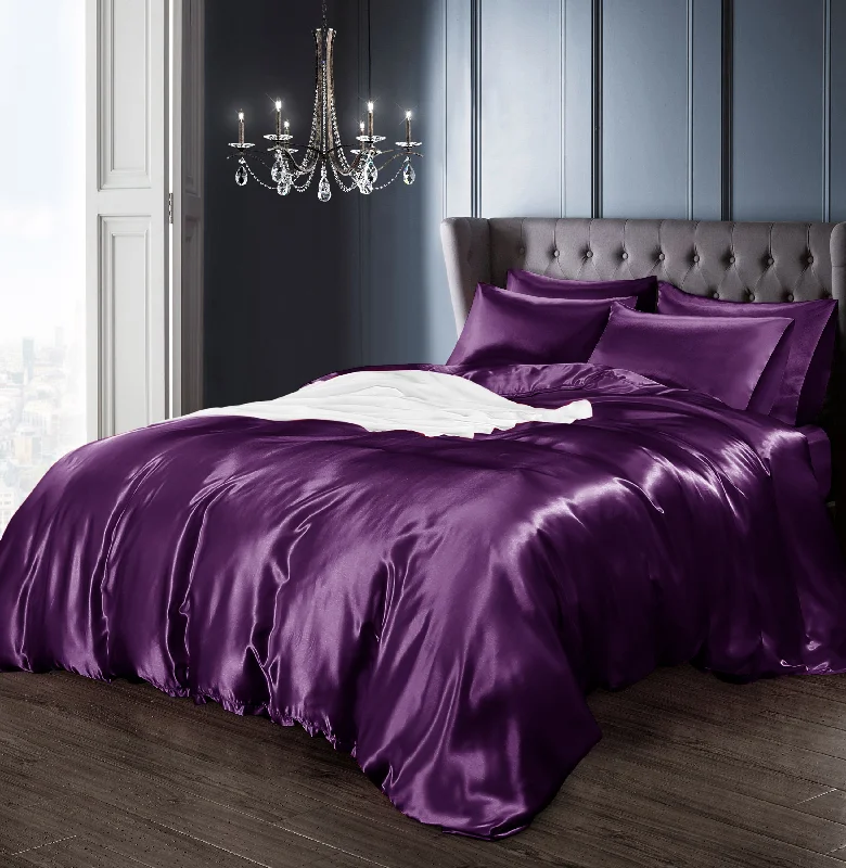 Seasonal Discounts Velosso Satin Reversible Purple Duvet Cover, Pillowcase & Fitted Sheet Set