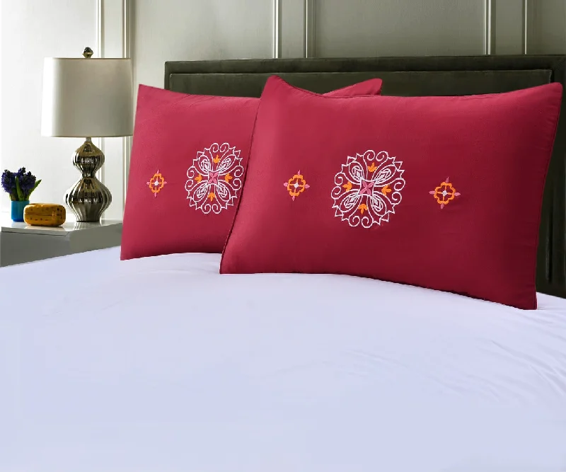 Shop & Save Now 2 PCs Embroidered Pillows(4654)- Red