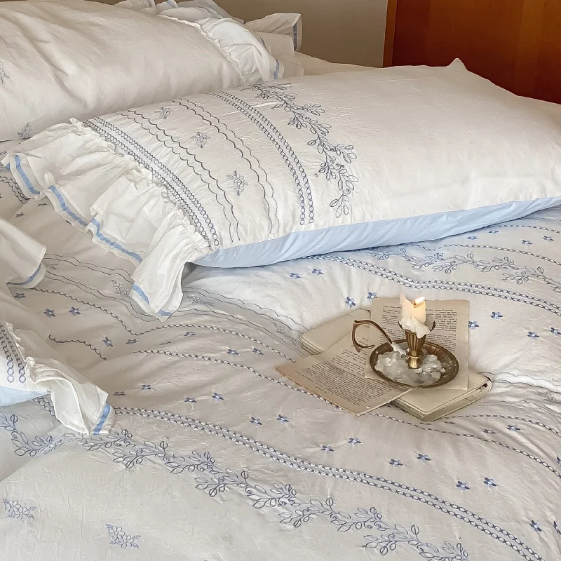 Shop More, Save More Embroidered French Lace Ruffle Pillowcases / Blue