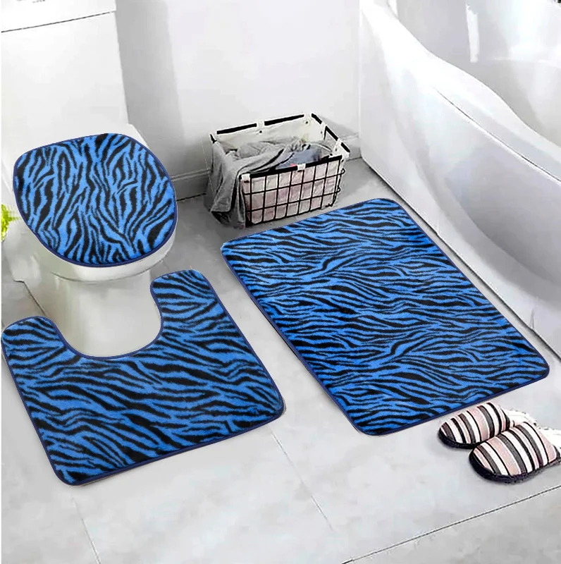Hurry, While Stocks Last 3 PCs Anti Skid Commode Mat Set-Blue Zebra Print