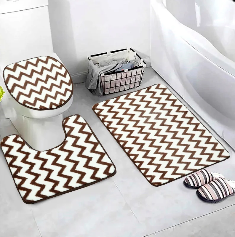 Last Chance Sale 3 PCs Anti Skid Commode Mat Set-Brown Geometric