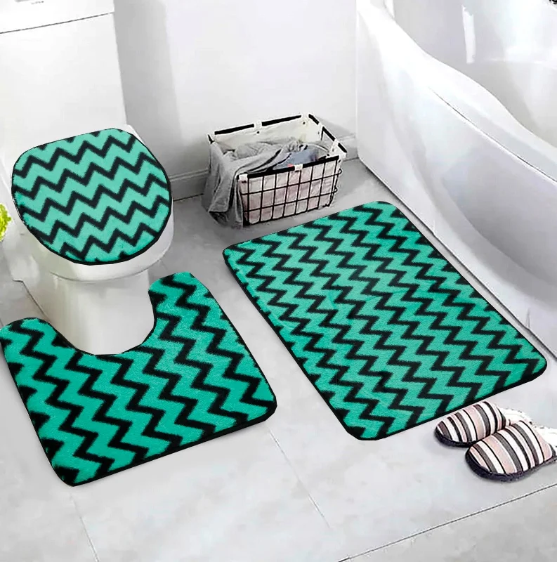 One-Stop Shop Sale 3 PCs Anti Skid Commode Mat Set-Green Geometric