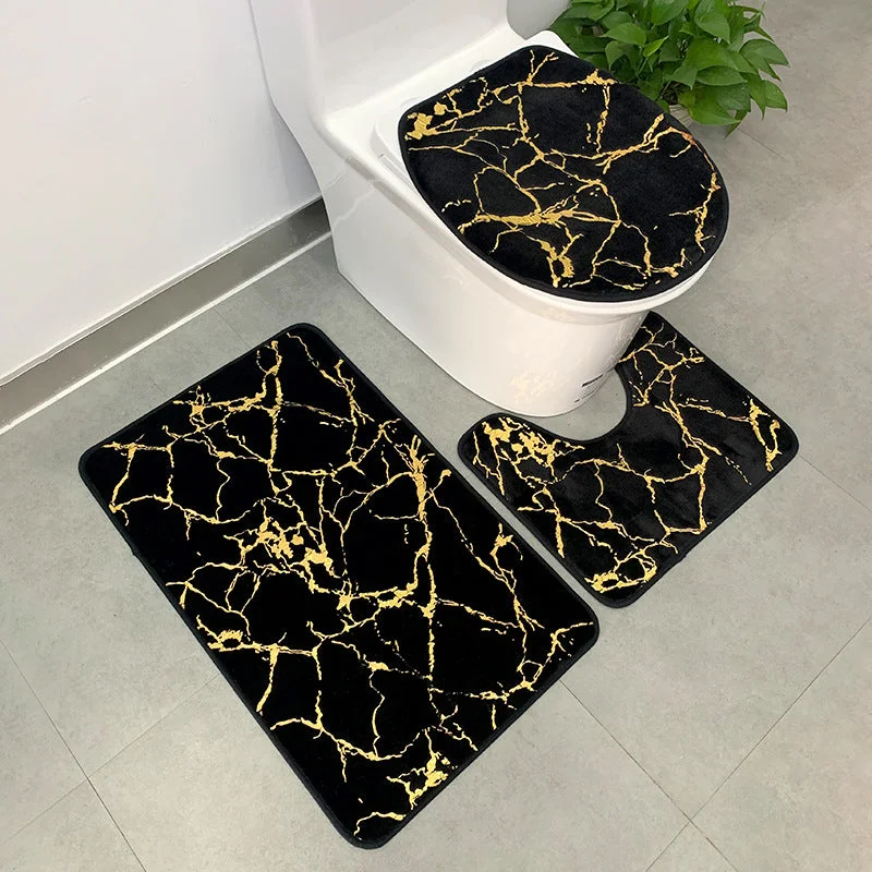 Weekend Clearance Event 3 PCs Anti Skid Commode Mat Set(5415)-Black Marble
