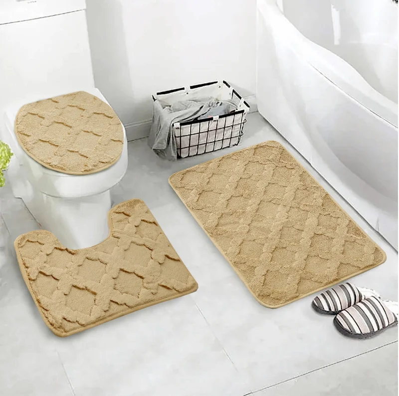 Season-End Deals 3 PCs Anti Skid Commode Mat Set(328)-Zig Zag Biege