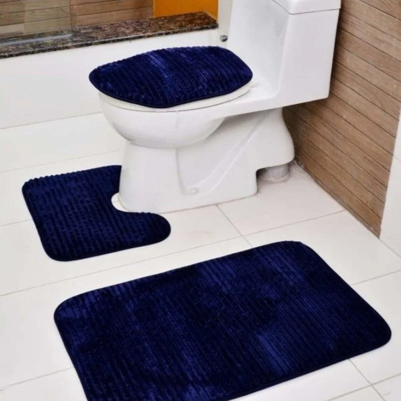 Special Price Drop 3 PCs Anti Skid Commode Mat Set(2430)-Navy Blue