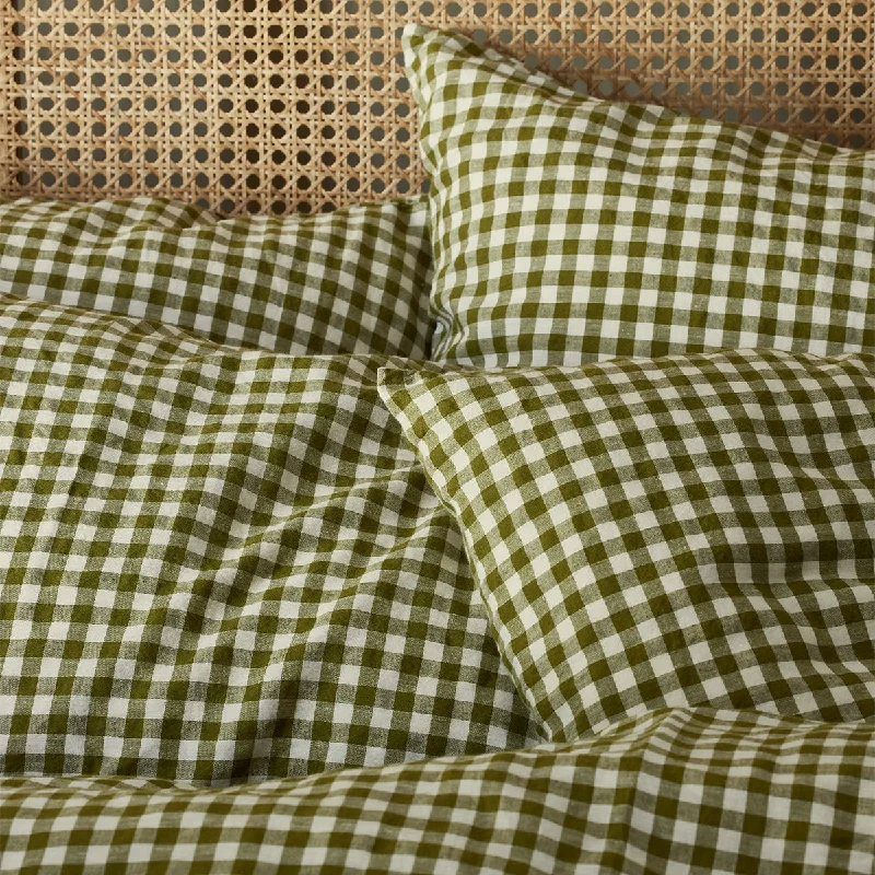 Clearance Event Botanical Green Gingham Linen Blend Pillowcase (Pair)