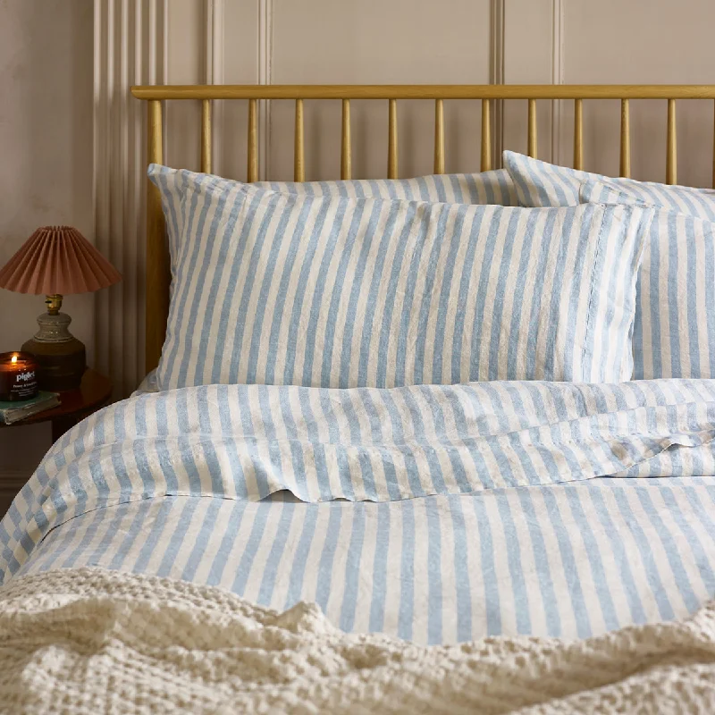 Shop & Save Now Coastal Blue Pembroke Stripe 100% Linen Pillowcases (Pair)