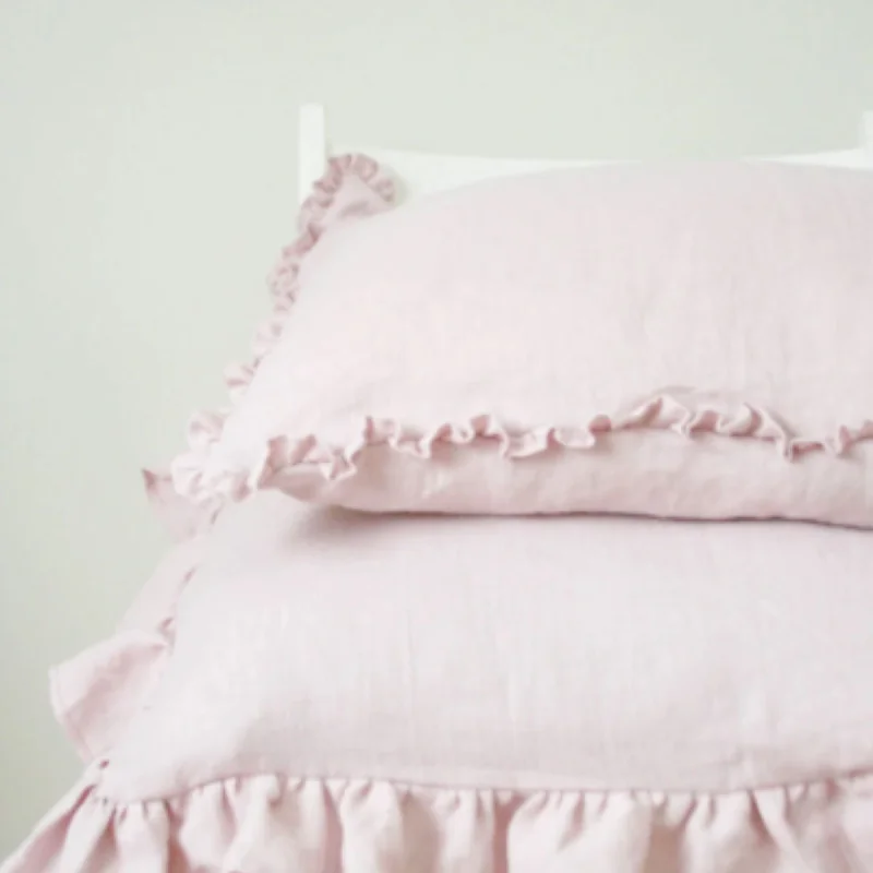 Weekend Super Savings Pastel Pink Linen Pillow Cover with Small Ruffles