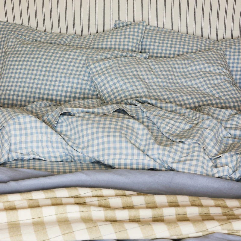 Big Discount Event Warm Blue Gingham Linen Blend Pillowcase (Pair)