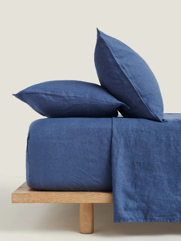 Shop Now and Save 100% Linen Fitted Sheet in Marine Blue