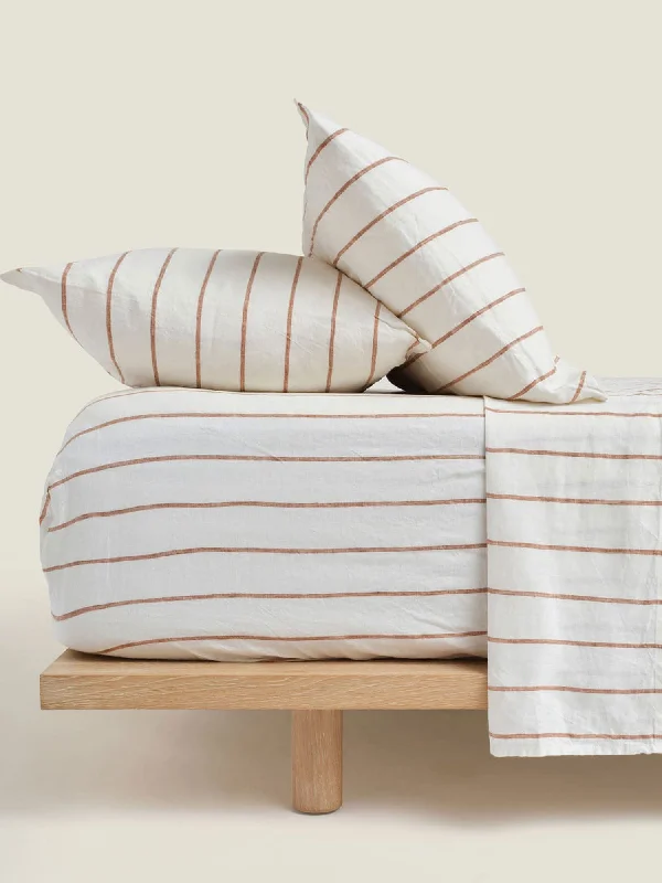 Exclusive Savings Event 100% Linen Fitted Sheet in Tobacco Stripes