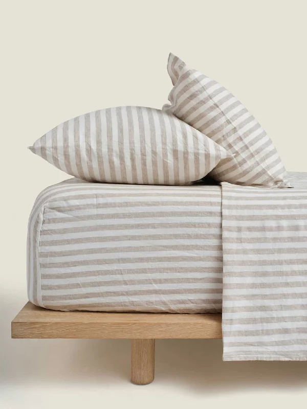 Price Cut Alert 100% Linen Fitted Sheet in Wide Natural Stripes