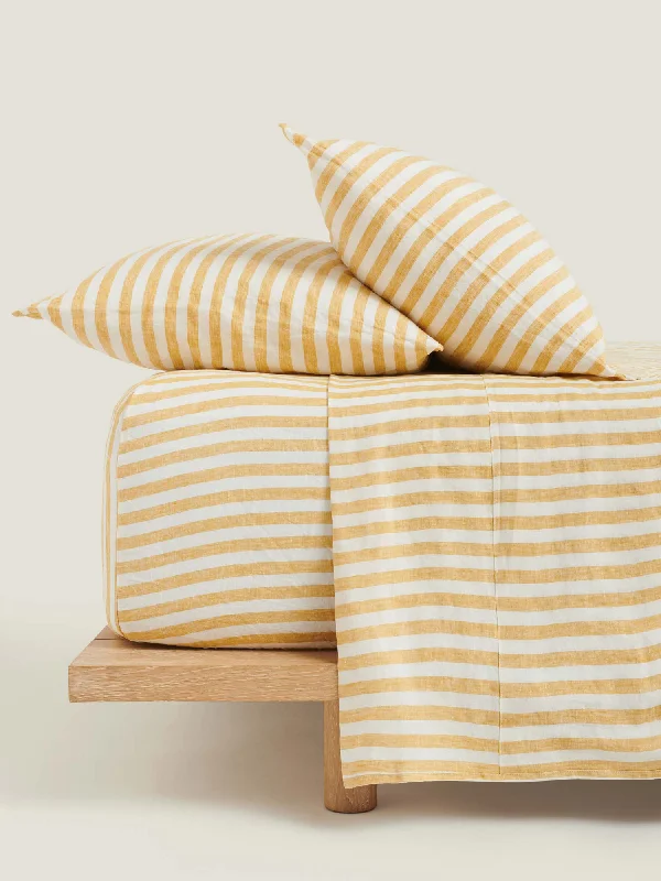 Weekend Deals 100% Linen Fitted Sheet in Yellow Stripes