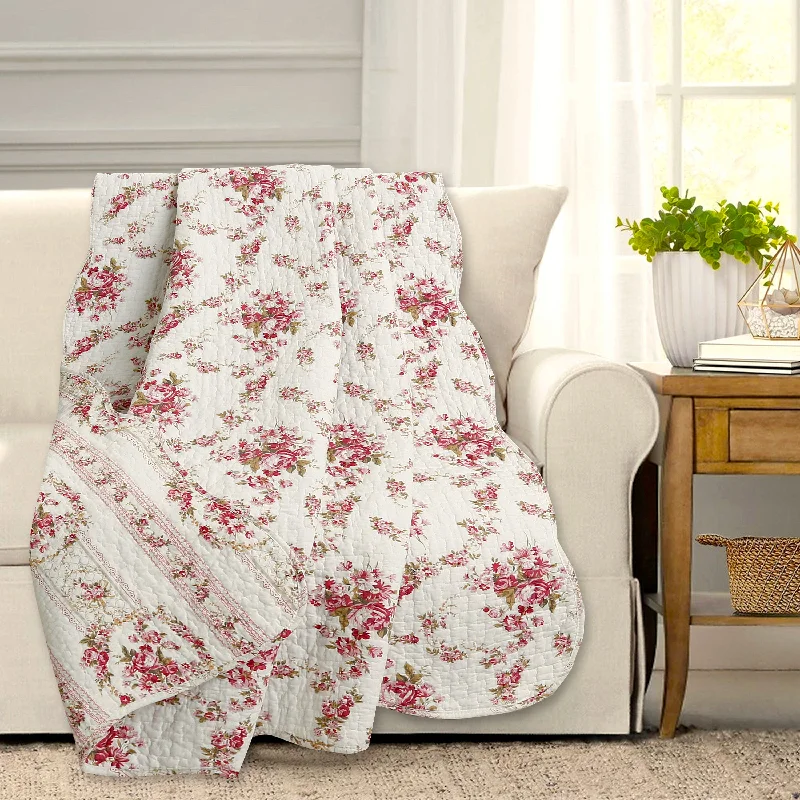 Weekend Price Slash Event Shabby Chic Vintage Floral Rose Garden Scalloped Cotton Quilted Reversible Throw Blanket