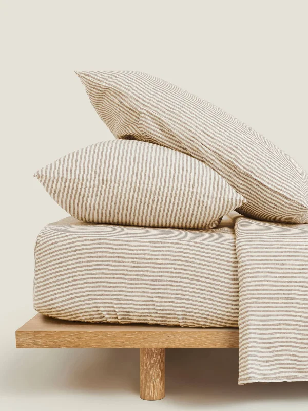One-Stop Shop Sale 100% Linen Fitted Sheet in Olive Stripes
