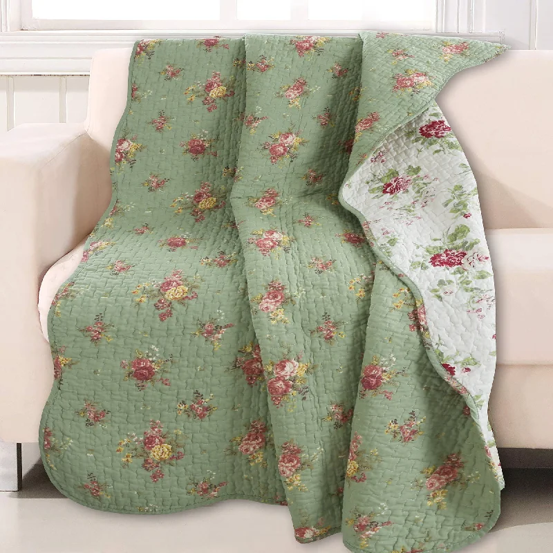 Weekend Flash Offers Green Floral Scalloped Edge Cotton Reversible Quilted Throw Blanket Weekend Flash Offers Green Floral Scalloped Edge Cotton Reversible Quilted Throw Blanket