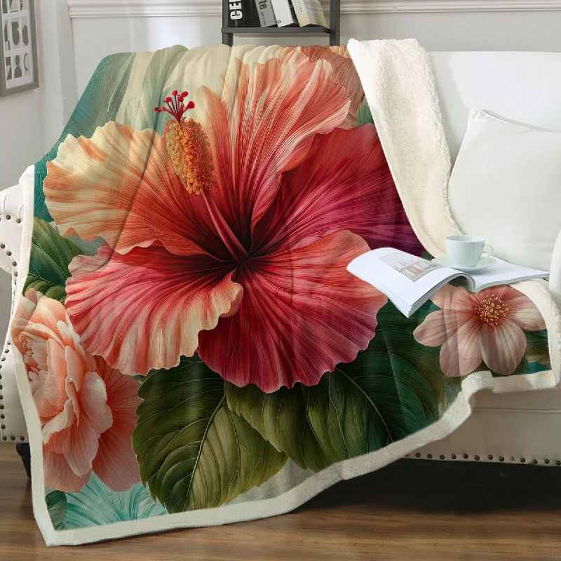 Weekend Shopping Fever Hibiscus Flower Soft Sherpa Blanket