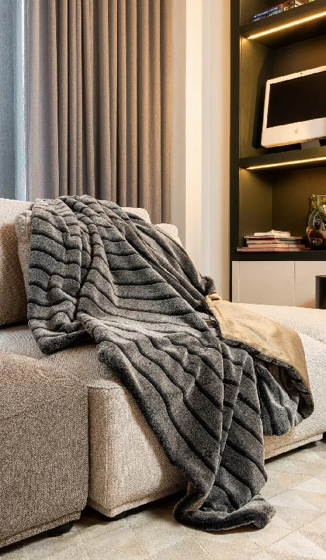 Big Sale Event Luxe Gray Stripe Faux Fur Blanket